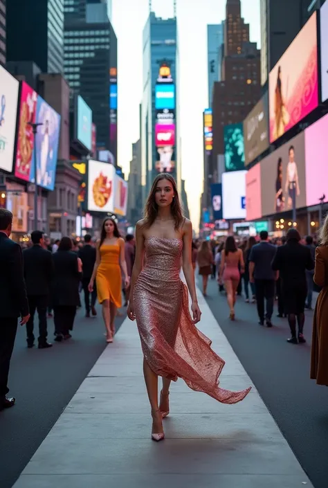 A fashion show with a runway filling the road of time square new york