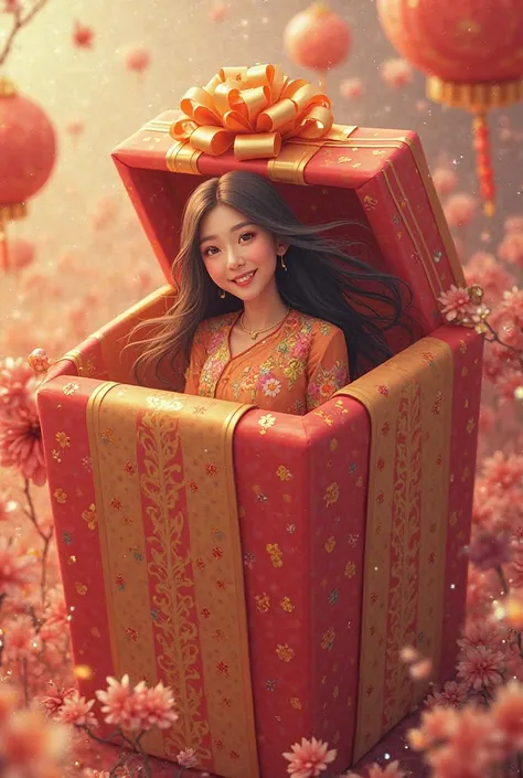 THAI WOMAN STANDING SMILING IN BIG GIFT BOX