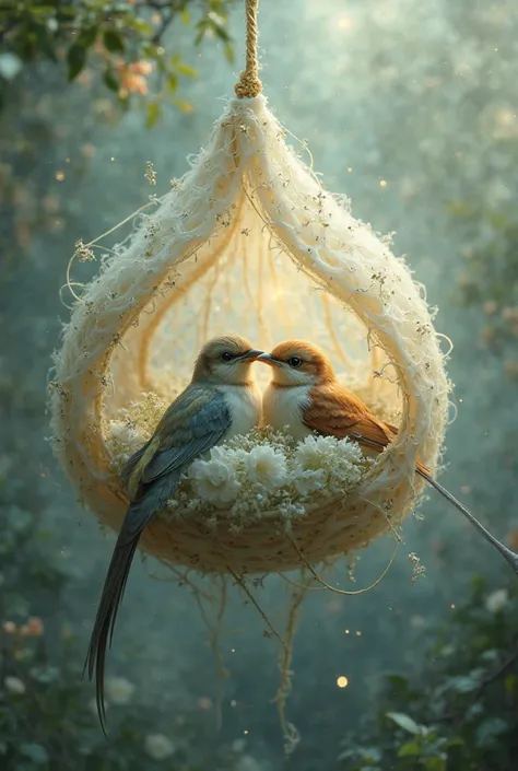 Two birds inside a cocoon