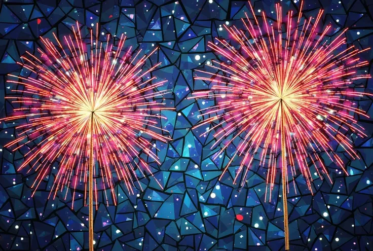 detailed stained glass art、細かい打ち上げ Fireworks、詳細な打ち上げ Fireworks、Night Skyに咲く打ち上げ Fireworks、カラフルな打ち上げ Fireworks、colorful digital a...