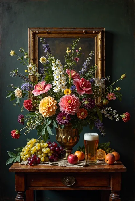 Fais moi une peinture nature morte dans une pièce sombre.
Un vaste avec des fleurs varié dont des hybiscus et du chanvre.
Sur un...