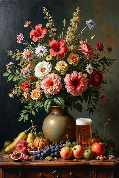 Fais moi une peinture nature morte dans une pièce sombre avec une fenêtre.
En premier plant Un vase avec un grand bouquet des fl...