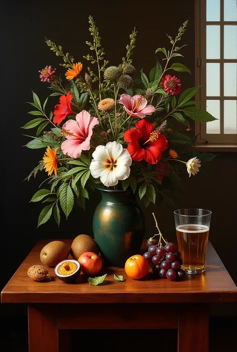 Fais moi une peinture nature morte style renaissance dans une pièce sombre avec une fenêtre.
En premier plant Un vase avec un bo...