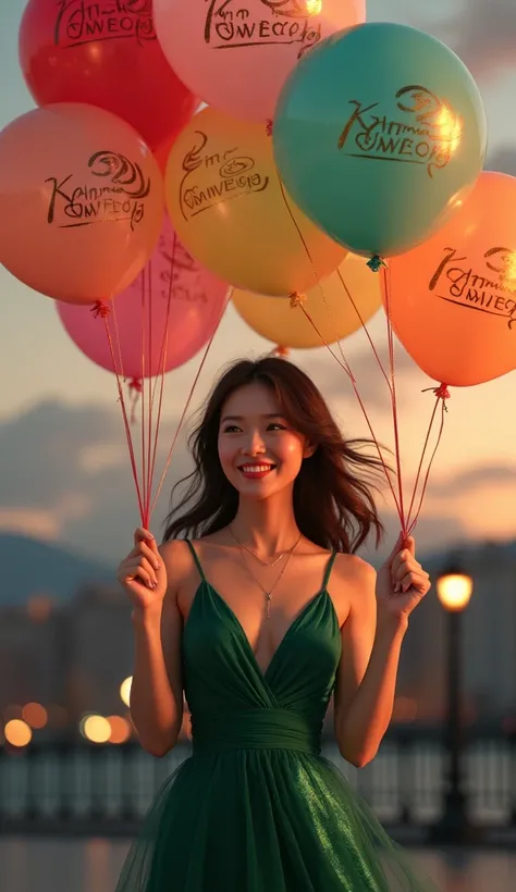 A photorealistic image of a beautiful Asian girl in an elegant green evening dress. She holds dozens of colorful balloons in her...
