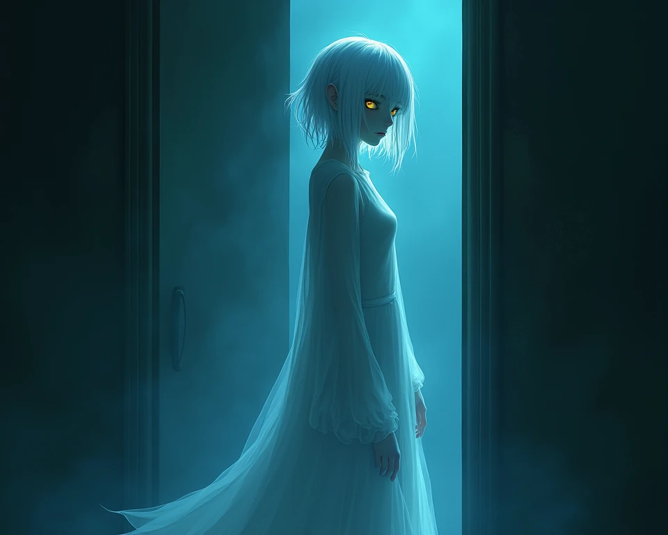 Ghost girl, tall, in the corner of the room, very long. shirt, short white hair, pale blue body, yellow eyes, hair covering one ...