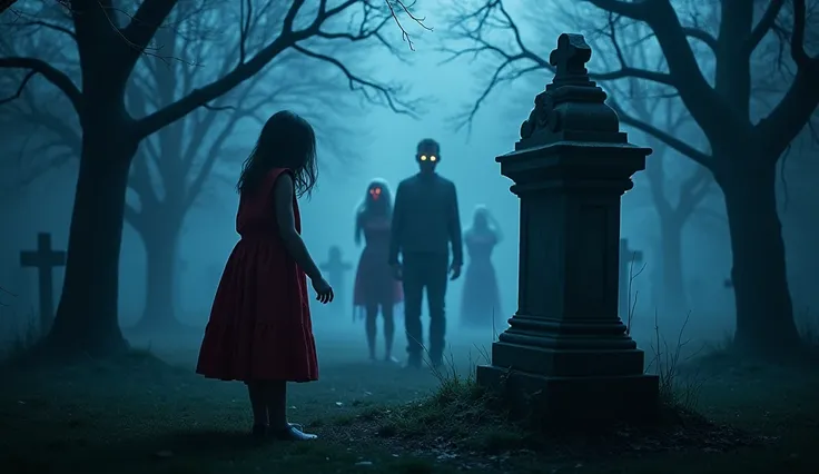 A dark and eerie graveyard at night, filled with mist and surrounded by leafless, twisted trees. A young girl in a red dress wit...