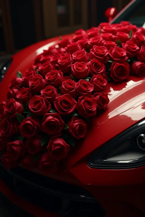 101 roses on the hood of the car , roses are lying on the hood of this car , realistic roses on the hood