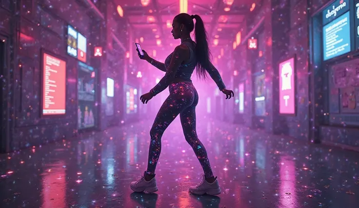 "Create a futuristic cyberpunk image with:
Neon space background (purple, rosa, ) with binary codes and floating emojis (🔥, 💃, ...