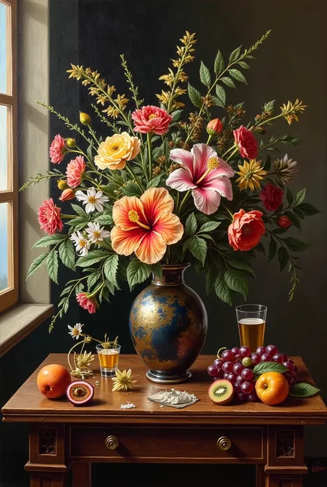 Fais moi une peinture nature morte style renaissance dans une pièce sombre avec une fenêtre.
En premier plant Un vase avec un bo...