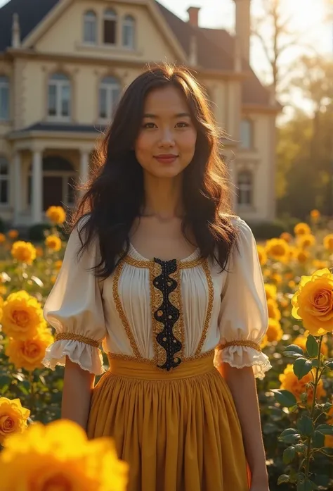An old and beautiful house, filled with classic architectural details, with a large garden of vibrant yellow roses in the front....