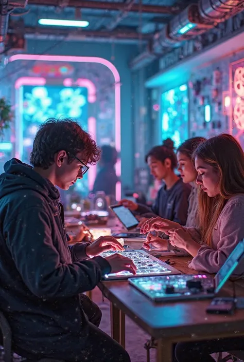 Create a vibrant and futuristic photo of young people exploring art and music in the AI era. The scene should show a group of en...