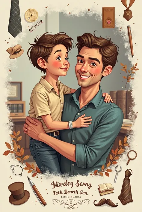 create an invitation template for a father with his son that has images in drawing of ties, mustaches, books, pens on all sides ...