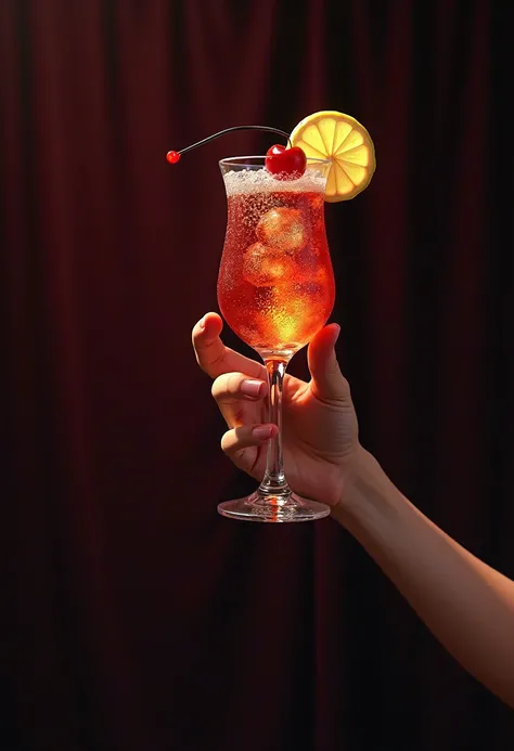 "Imagine an elegant hand, with an impeccable manicure , holding a shiny cocktail glass. The glass is filled with a colorful coc...