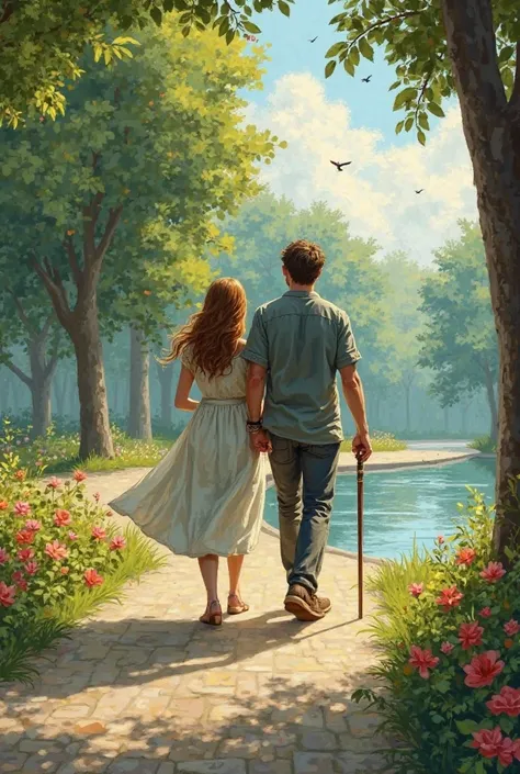A blind woman walking 'with cane and has long hair , clutches the hand of a tall and handsome man in love walking in a park