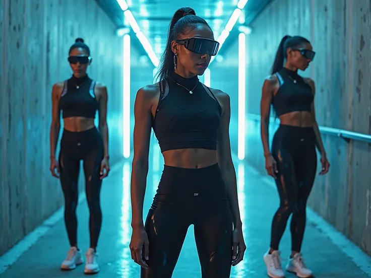create A luxury sportswear moodboard for powerful and sophisticated women with a futuristic and minimalistic aesthetic. The colo...