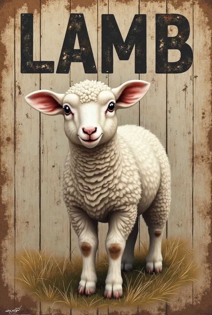 Create a poster with the name lamb with rustic wooden background and details with cyzal strings and an image of a realistic lamb...