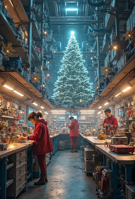 best quality, works, (Realistic: 1,2), inside a christmas toy electronicos big workshop
