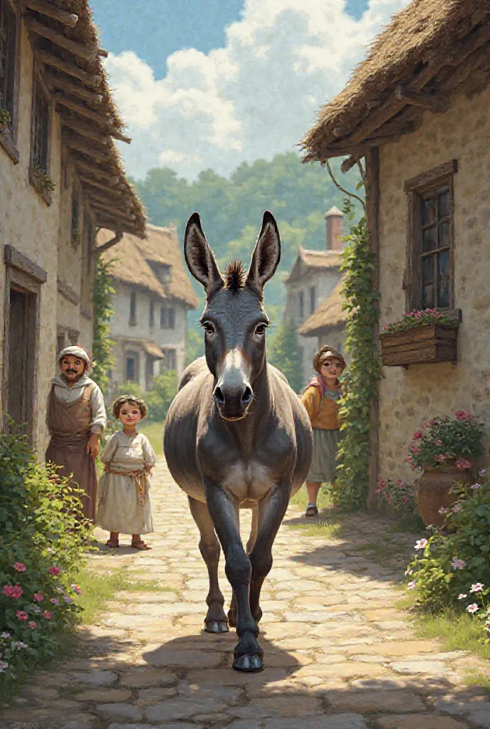 Some pictures of a donkey walking in a village