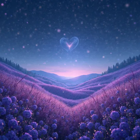 A bright night, starry sky, purple flower field, landscape, 8k surreal quality, perfect details, flower field arranged in a hear...