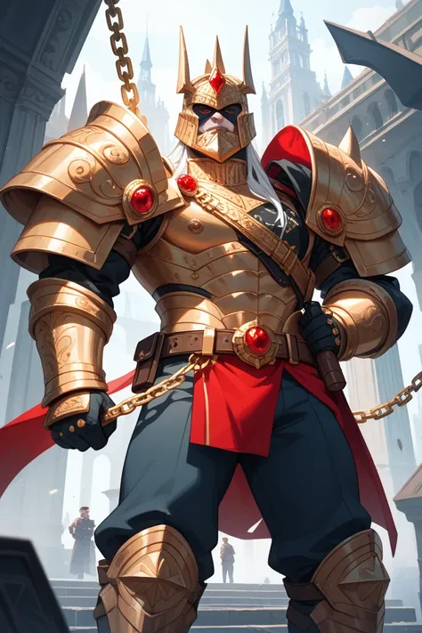 Large, stylized monster figure, centrally positioned, wearing elaborate armor. The figure is predominantly dark blue and black,...