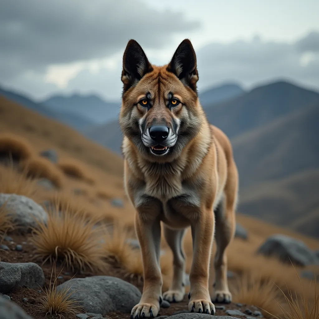 A hyper-realistic Kangal standing on a rocky hillside in the Anatolian mountains, staring directly into the camera with deep, pi...