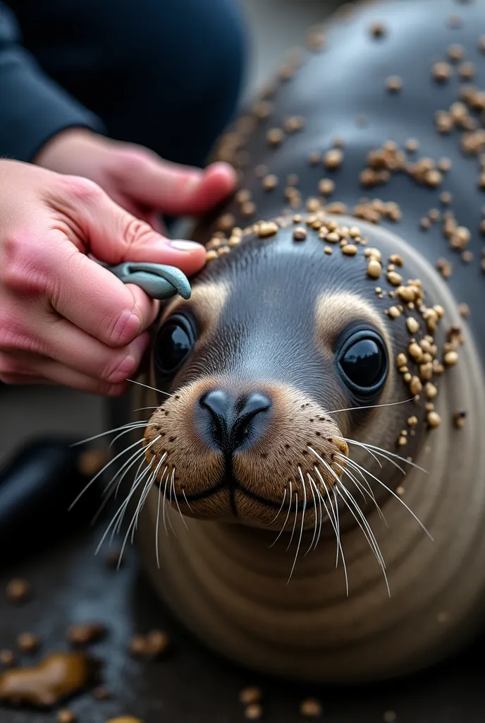 "A close-up of the fisherman carefully removing barnacles from the seal's body using a small tool and his hands. The seal looks ...