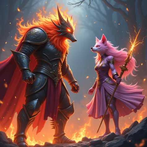 Infernal Fire Knight with a great helmet covering his face accompanied by a magical pink werewolf girl with a sorceress's outfit...