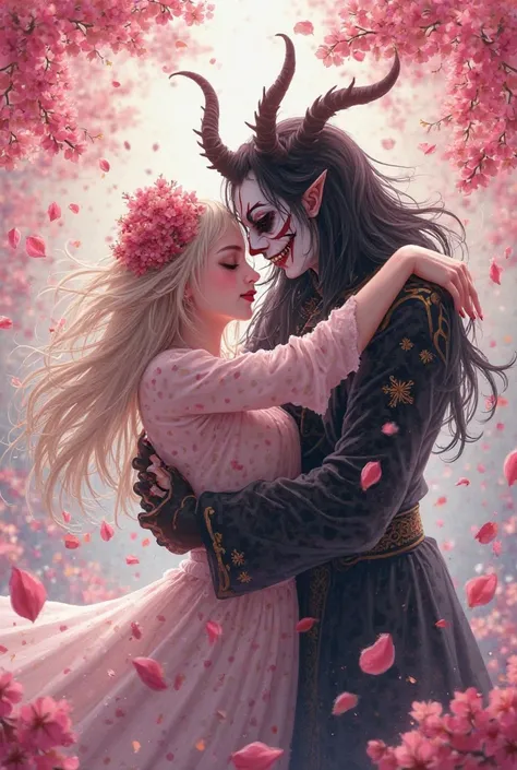 Create an image of Sakura Embracing Laughing Jack but in a kind way