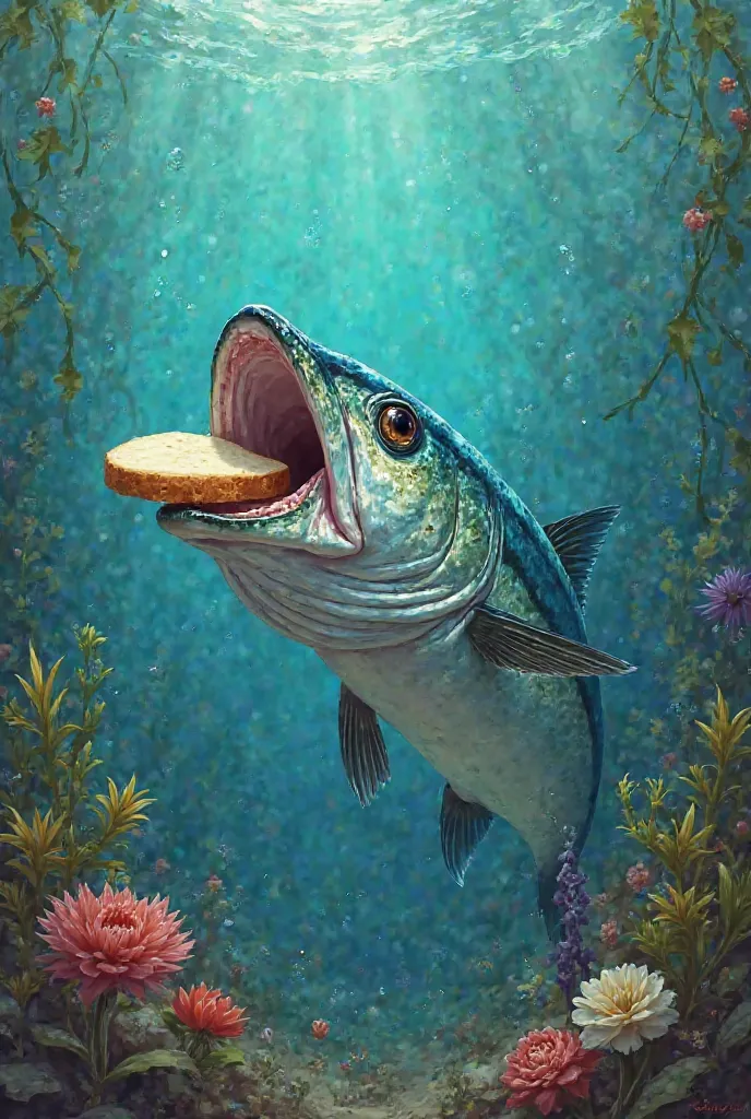 A mackerel is eating a piece of bread.