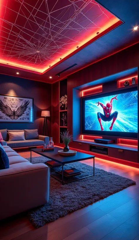 A luxury living room with Spider-Man-inspired decor, featuring modern furniture, a custom web-designed ceiling, and a high-tech ...