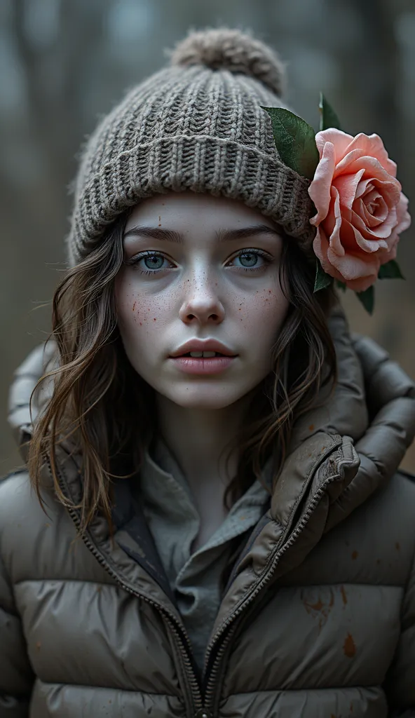 extremely detailed head of a pale woman in a mud pit in a washed dark light down jacket,victim of the , cloudy slurry,    fashio...