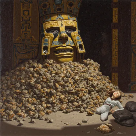 Sal illustration (Rome) shells (peaceful) cacao (Aztecs)
gold and silver (Europe) stacked
.hdr, Seedy atmosphere, cinematic, ...