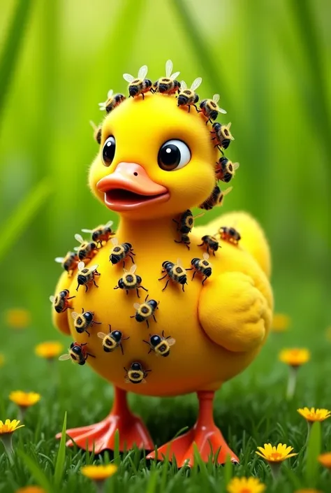 A beautiful yellow duck has a lot of bees sitting on it and the duck will stand helpless in the grassy field. The number of bee...