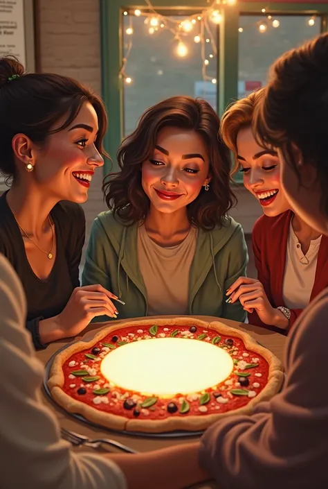 Generate a realistic image depicting International Women's Day eating pizza with a white circle on top, In the predominant color...