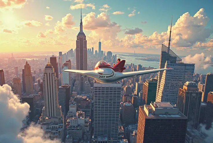 New York skyline with a plane over the top of the buildings with a banner saying ‘just married’ flowing behind