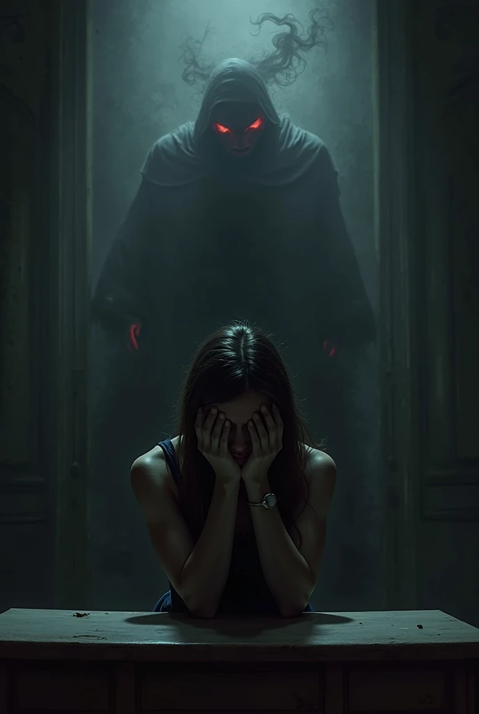 A woman in a dark room , sitting, with your elbows resting on the table and your hands on your face. Behind her is a shadow with...