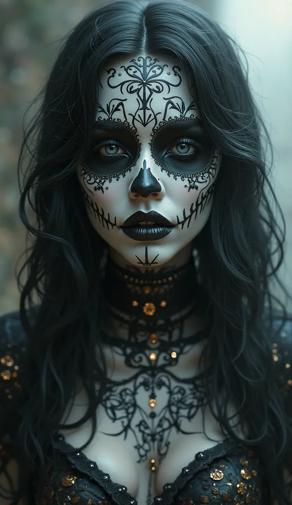 Closep up front face A beautifully detailed goddess Hel with makeup inspired by “La Catrina”, traditional icon of the Mexican Da...