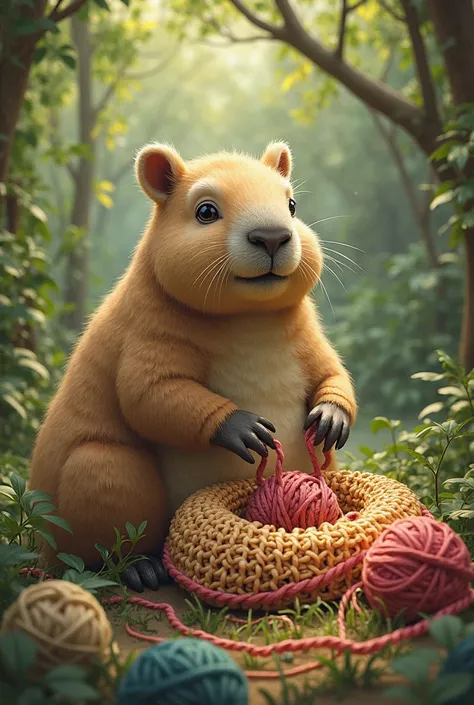 A capybara weaving its nest (The nest is crochet)