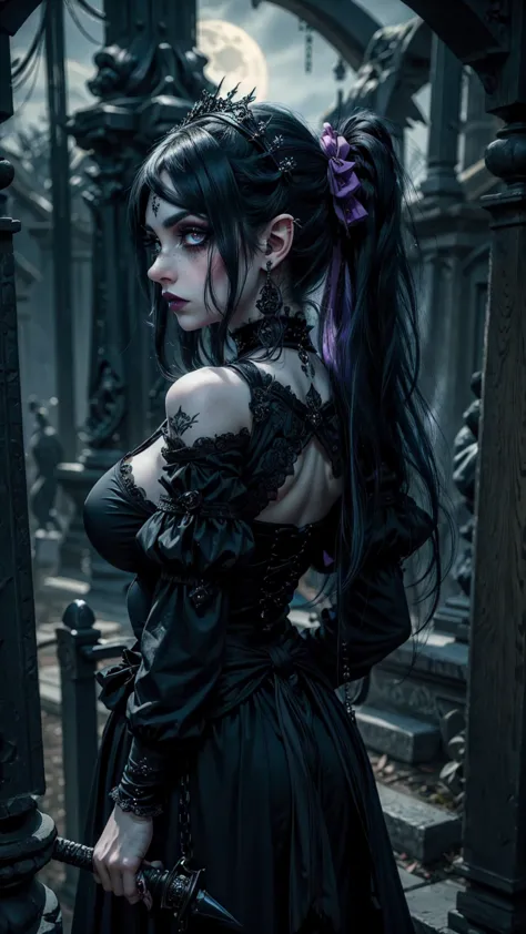  close,  from behind ,a woman in a black outfit holding a demonic sword in her hand, goth anime girl maiden, Beautiful Necromanc...