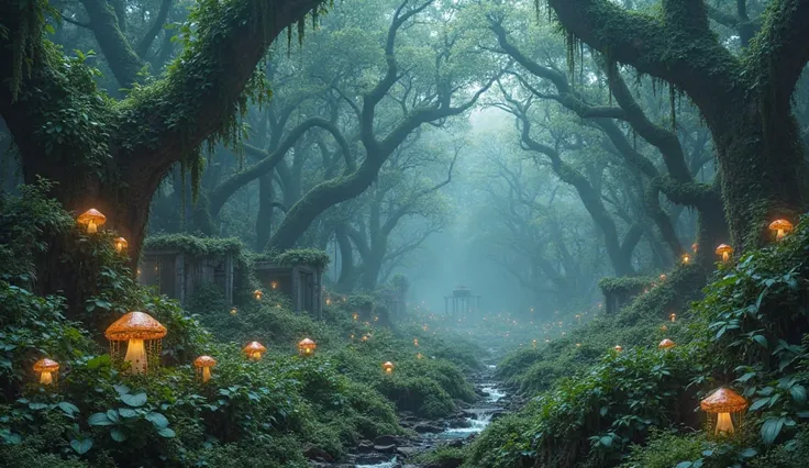 A deep, enchanted forest with glowing plants and mist swirling around ancient ruins."