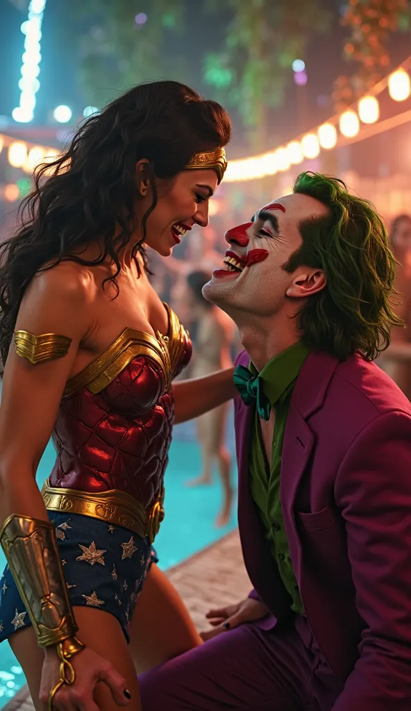 Very angry Wonder woman Slash on joker face in a party in a hotel at night near a pool, lots of girl and boys are dancing 