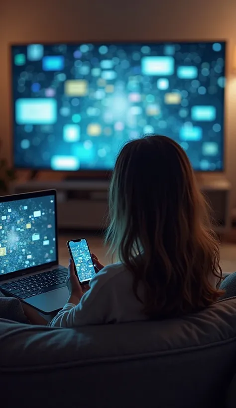 A person sitting on a couch, with a TV turned on in the background and a laptop in your lap, while holding a cell phone in her h...