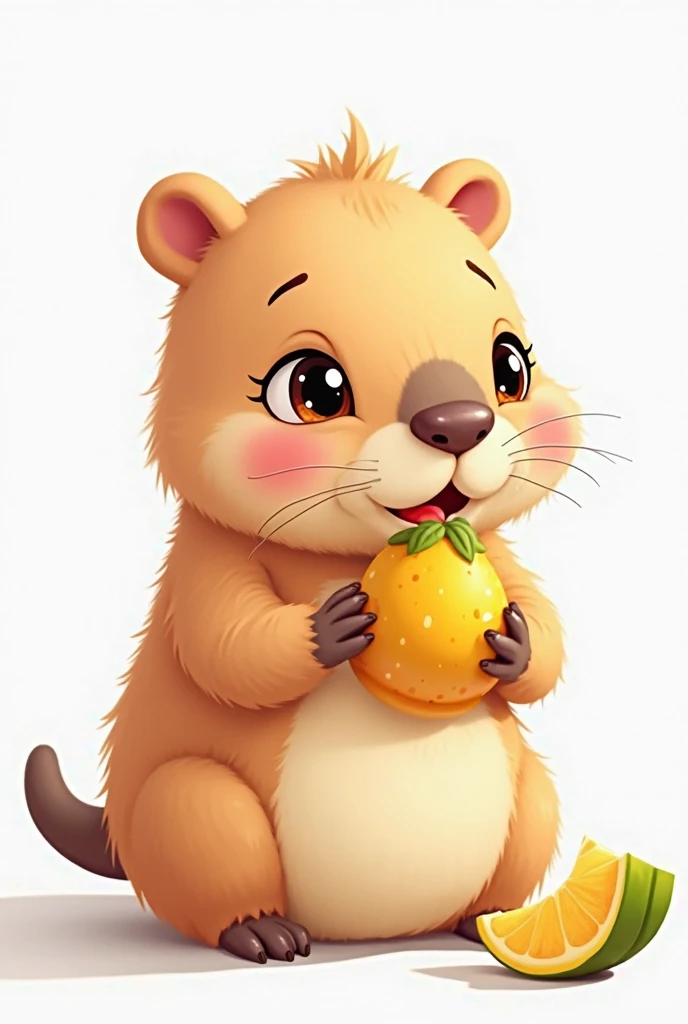 an unrealistic baby capybara, animated, not realistic on a white background, That he is eating a fruit