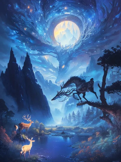 painting a deer and a deer in the forest at night, Fantasy Painting hd, beautiful Fantasy Painting, Fantastic landscape painting...