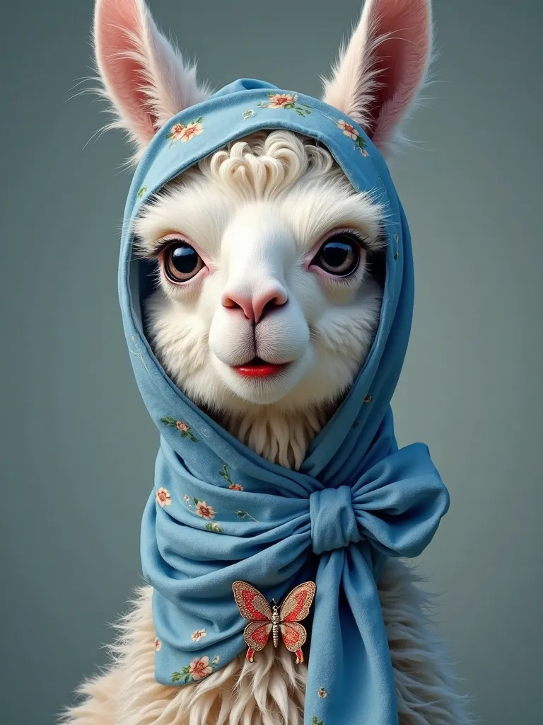 Photorealistic llama. She is wearing a blue silk scarf with a floral pattern, scarf that is tied around her head and neck. She h...