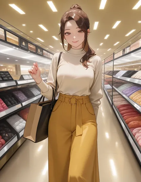 masterpiece,Top Quality, latest,safe,in beautiful image quality,brown ponytail,adult,smile, simple design clothes ,Upscale shop...