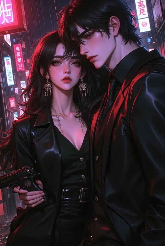 
"A semi-realistic manhwa-style illustration of a mysterious and intense couple in a dramatic romance-thriller setting. The male...