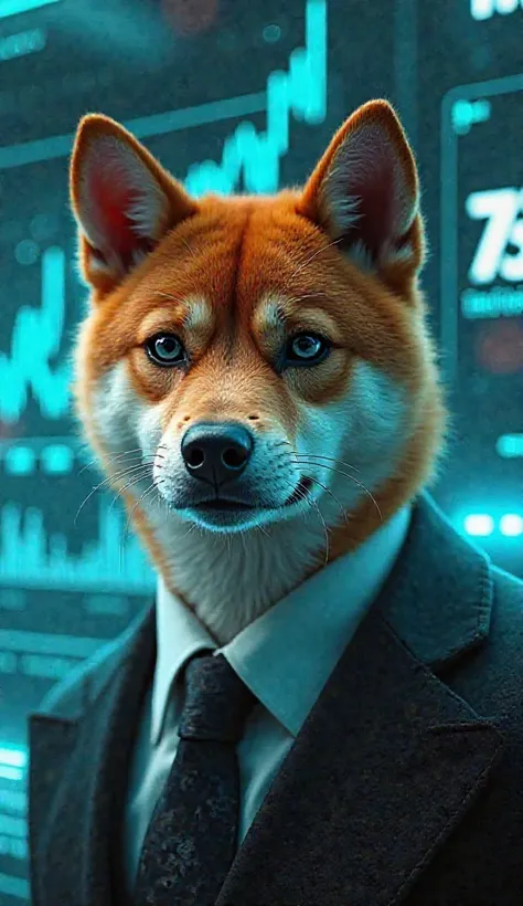 Cyberpunk shiba inu-dog in a suit, medium shot, close-up, middle-aged, serious expression, wolf-like head with reddish-brown...