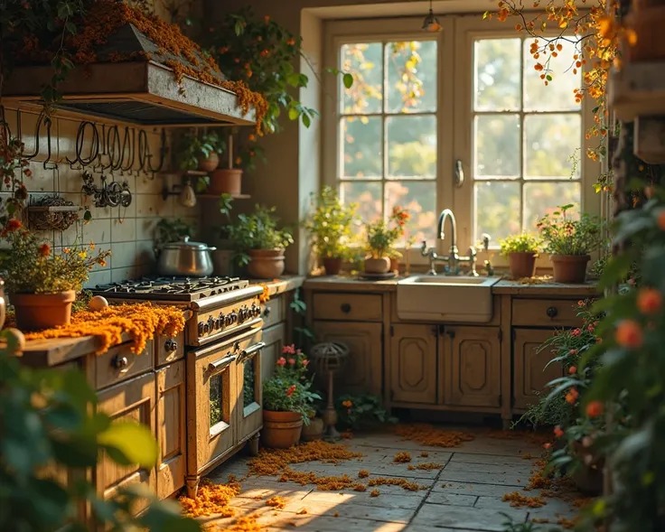masterpiece, 4k, 8k, sharp, a photography of a cozy vintage kitchen full of a vegetation with moss made of opal like product vis...