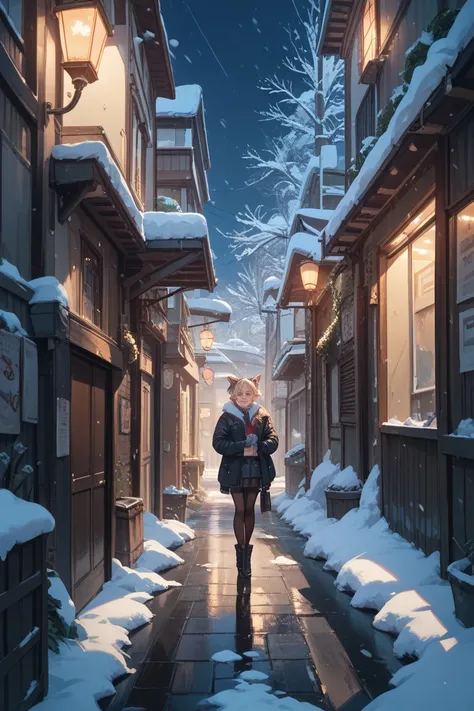 An empty alley on a snowy European night